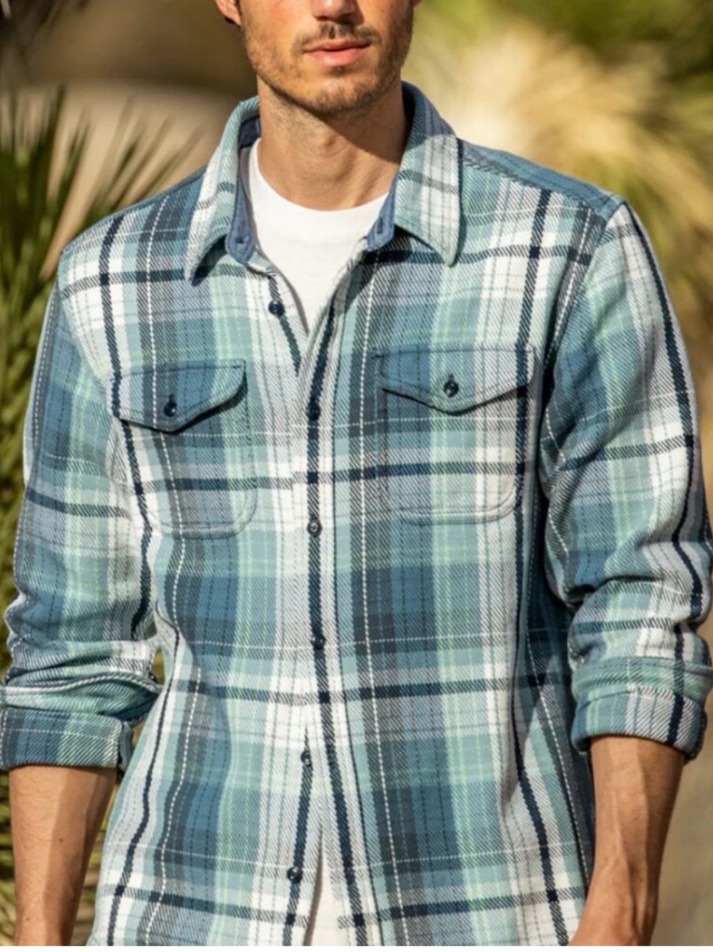 Outerknown Blanket Shirt Blue Grey Plaid Large 100% Organic Cotton Retail $168